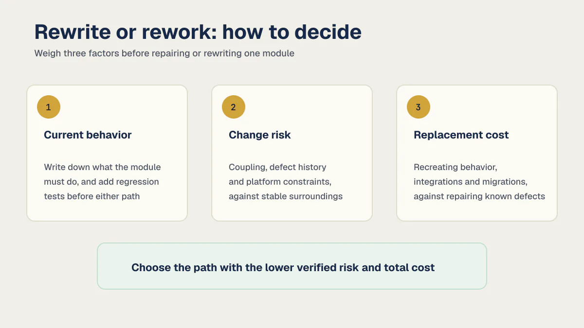 Three factors for choosing whether to rewrite or repair one AI code module