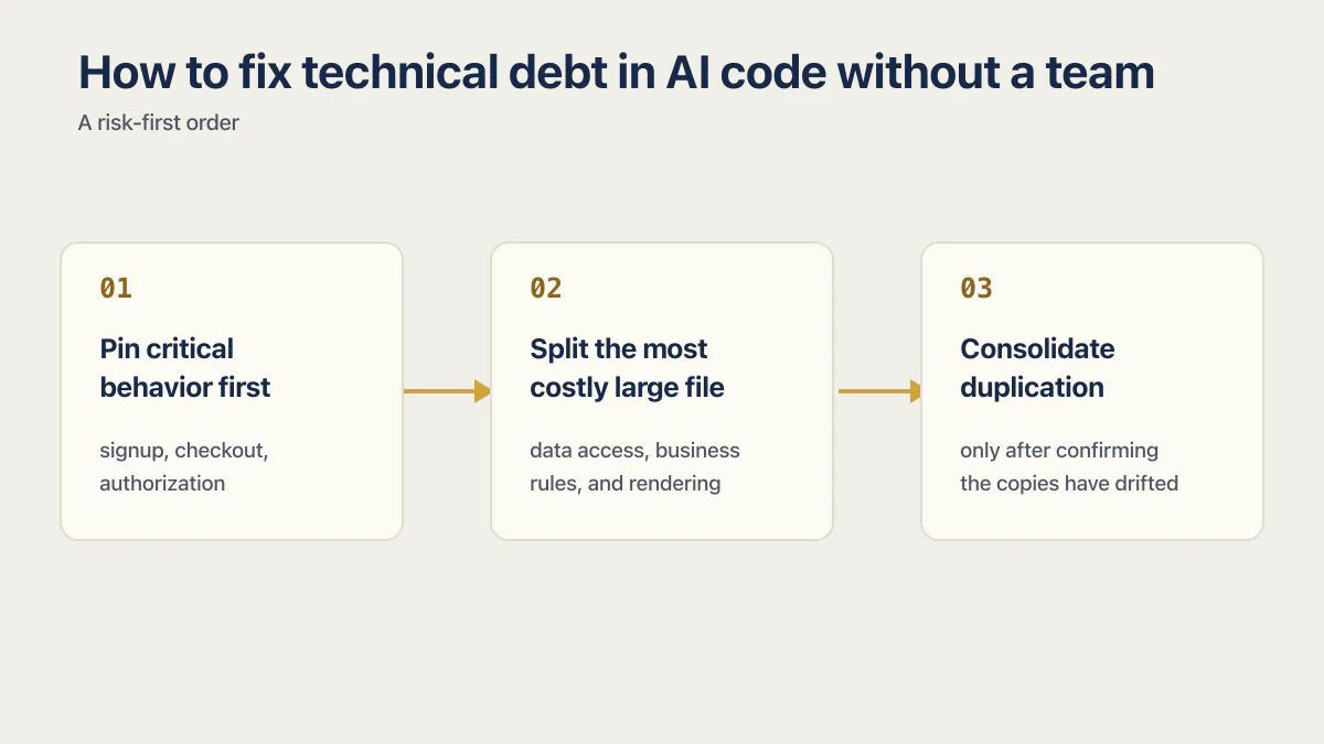 Three-step risk-first order for fixing technical debt in AI code