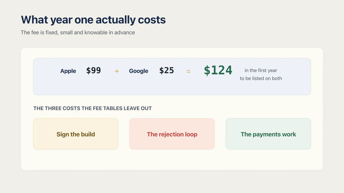 App store publishing cost showing 99 dollars for Apple plus 25 dollars for Google, then three variable costs.