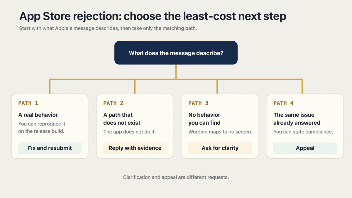 App Store rejection decision tree for fixing, replying with evidence, asking for clarity, or appealing