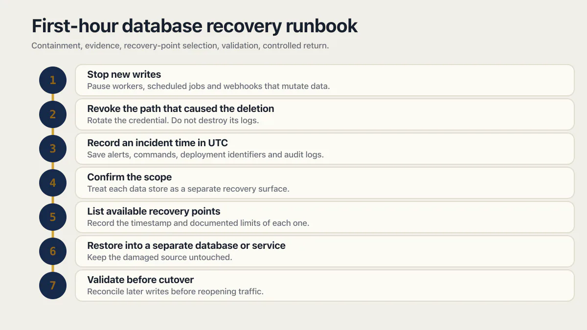 Seven-step deleted production database recovery runbook from stopping writes to validated cutover