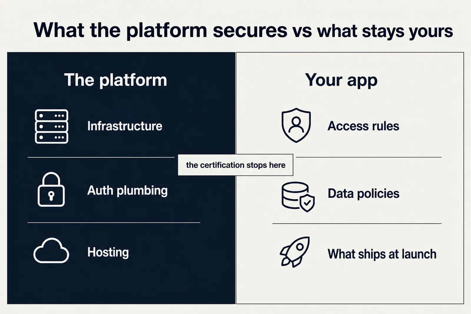 Diagram splitting what the platform secures, meaning infrastructure, auth plumbing, and hosting, from what stays yours, meaning access rules, data policies, and what ships at launch.