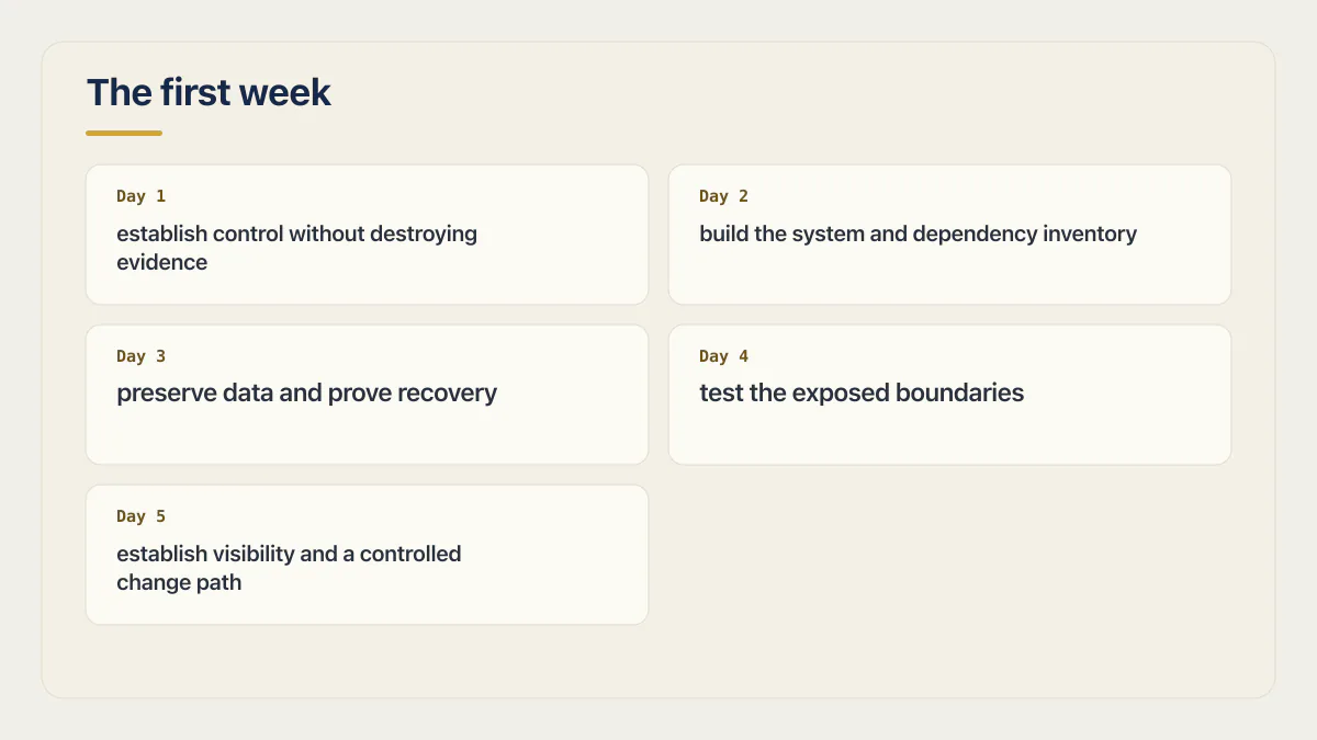First-week inherited vibe-coded app plan covering control, inventory, recovery, boundary tests, and release visibility.