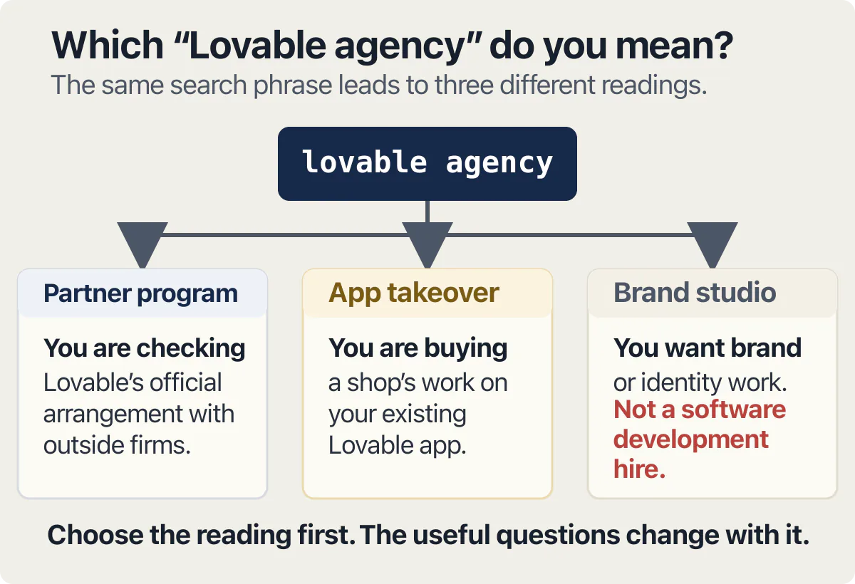 Three meanings of Lovable agency: partner program, app takeover shop, or unrelated brand studio.