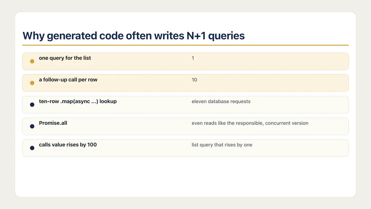 N plus 1 query calculation showing ten rows become eleven database requests