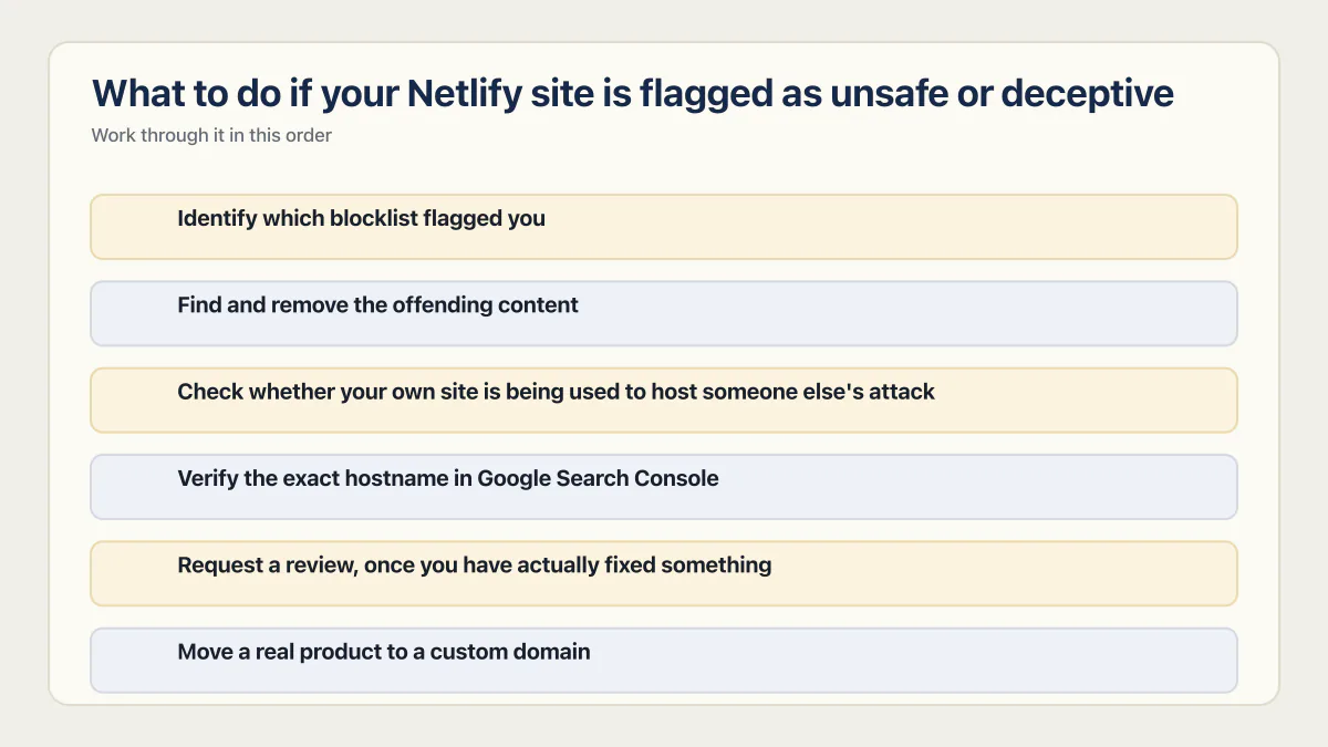 Ordered six-step recovery flow for a Netlify site flagged as unsafe or deceptive.