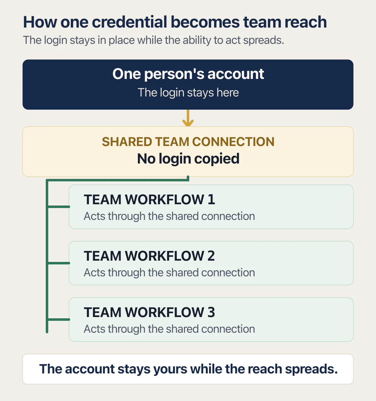 One person's account shared through a team connection to three workflows while the original login stays in place