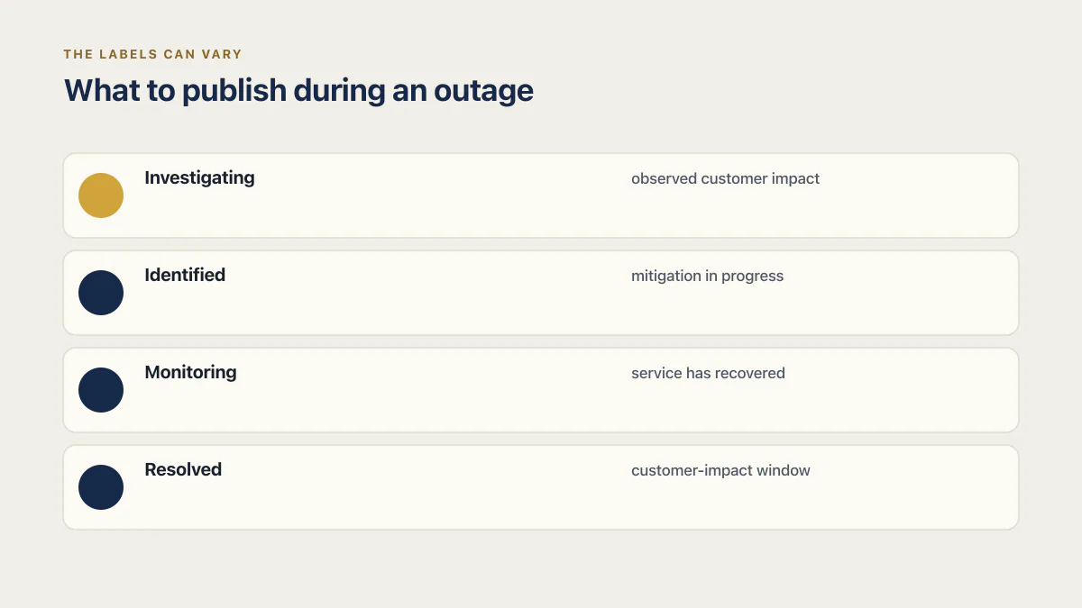 Four status page incident states from investigating through resolved