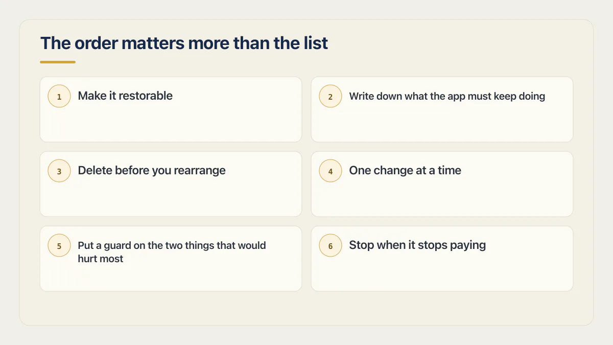 Six-step vibe-coded app cleanup order from making it restorable through guarded changes and a stopping point.