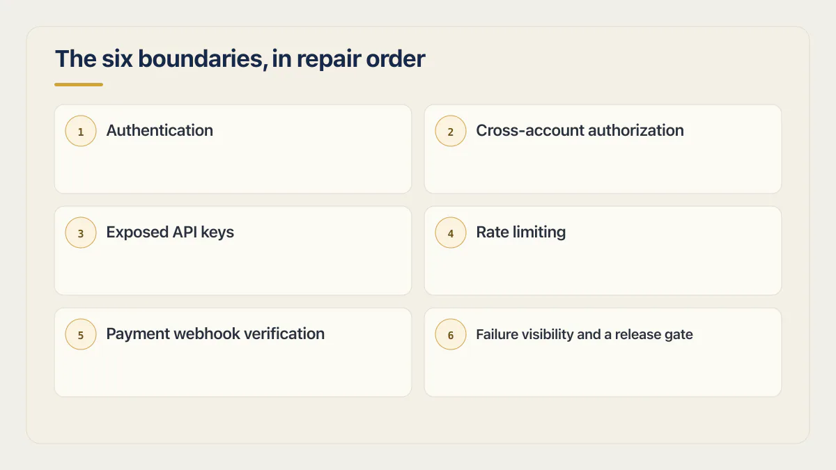 Six vibe-coded app boundaries in repair order from authentication through payment checks and a release gate.