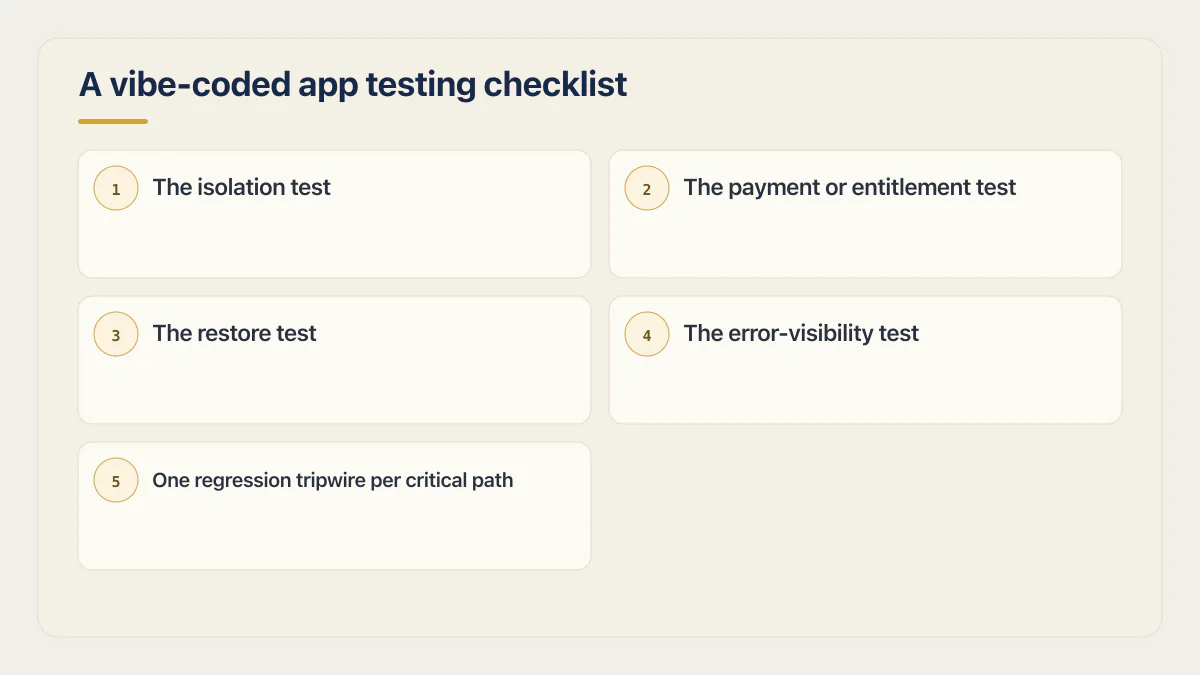 Vibe-coded app testing checklist ordered from account isolation through payment, restore, errors, and regression tests.