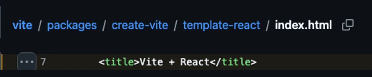 Official Vite React template source with the default Vite + React browser title highlighted on line 7