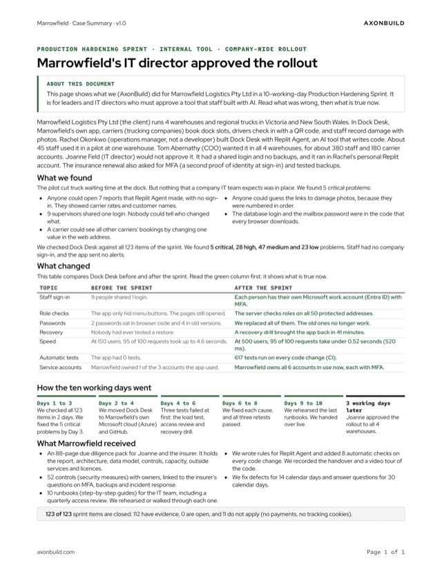 Page 1 of the Marrowfield sample case summary